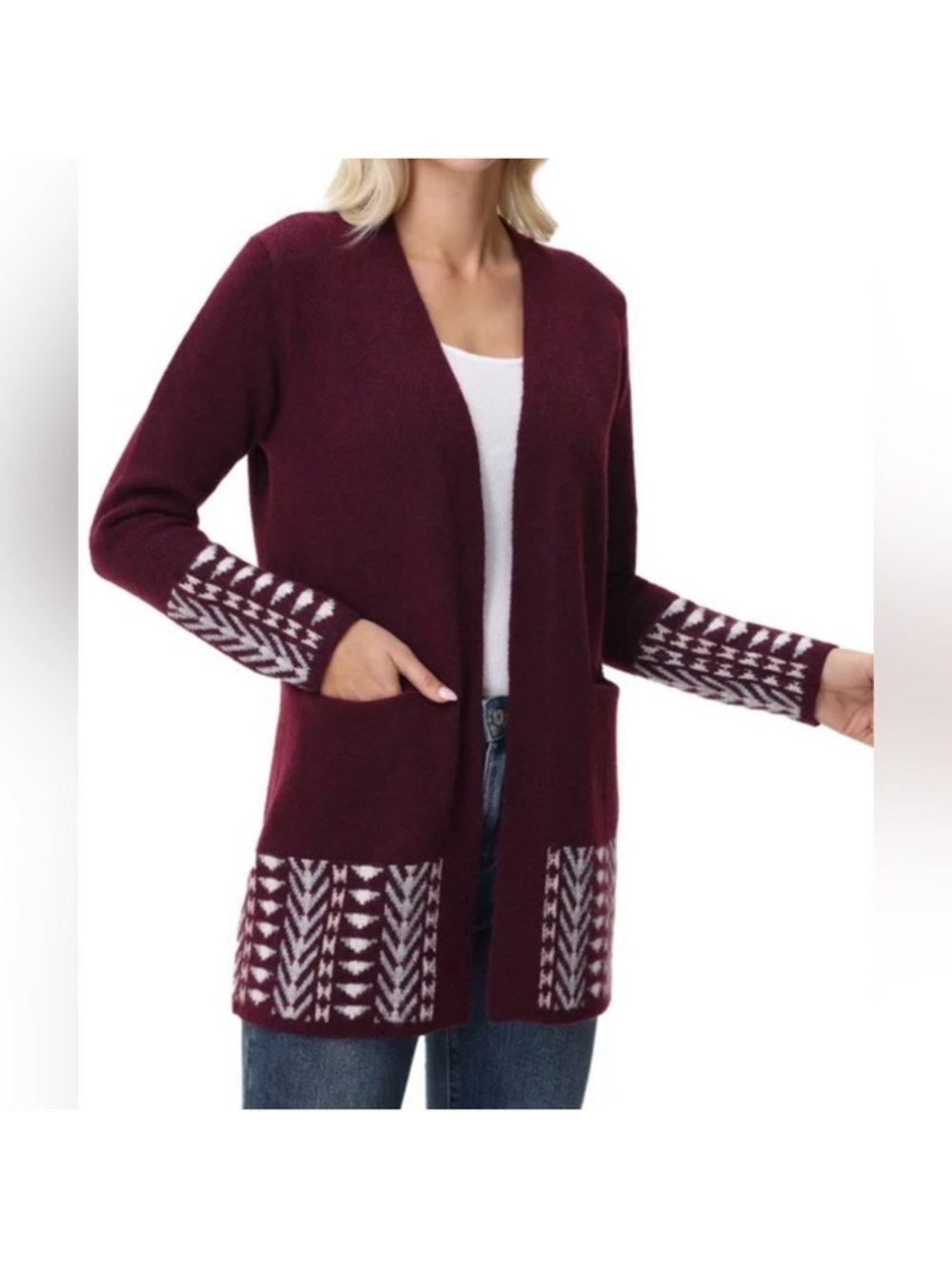 Frye Burgundy Open-Front Cardigan with White Patterned Trim. NWOT. XXL